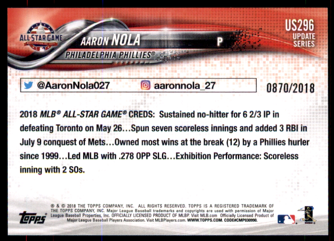 2018 Topps Update Gold #US296 Aaron Nola AS back image