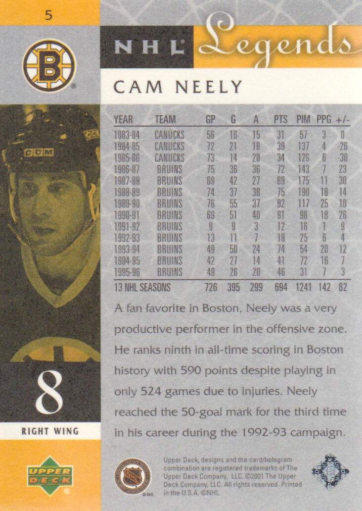 2001-02 Upper Deck Legends #5 Cam Neely back image