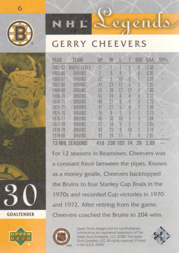 2001-02 Upper Deck Legends #6 Gerry Cheevers back image