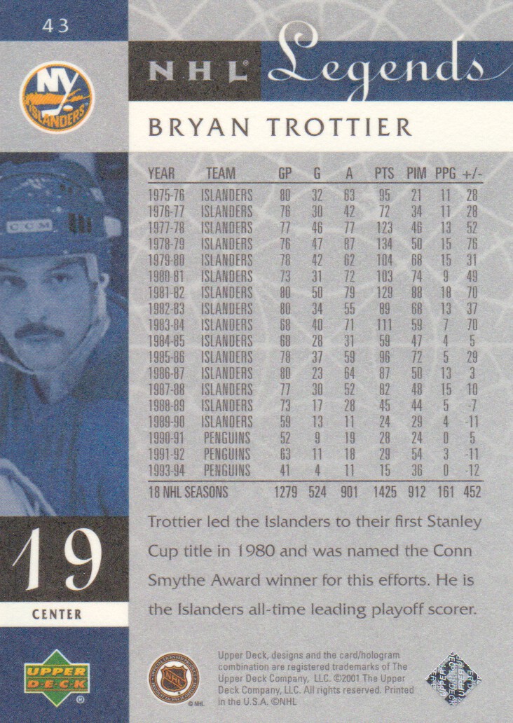 2001-02 Upper Deck Legends #43 Bryan Trottier back image