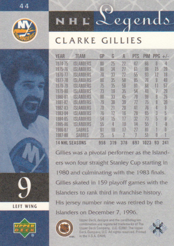 2001-02 Upper Deck Legends #44 Clark Gillies back image