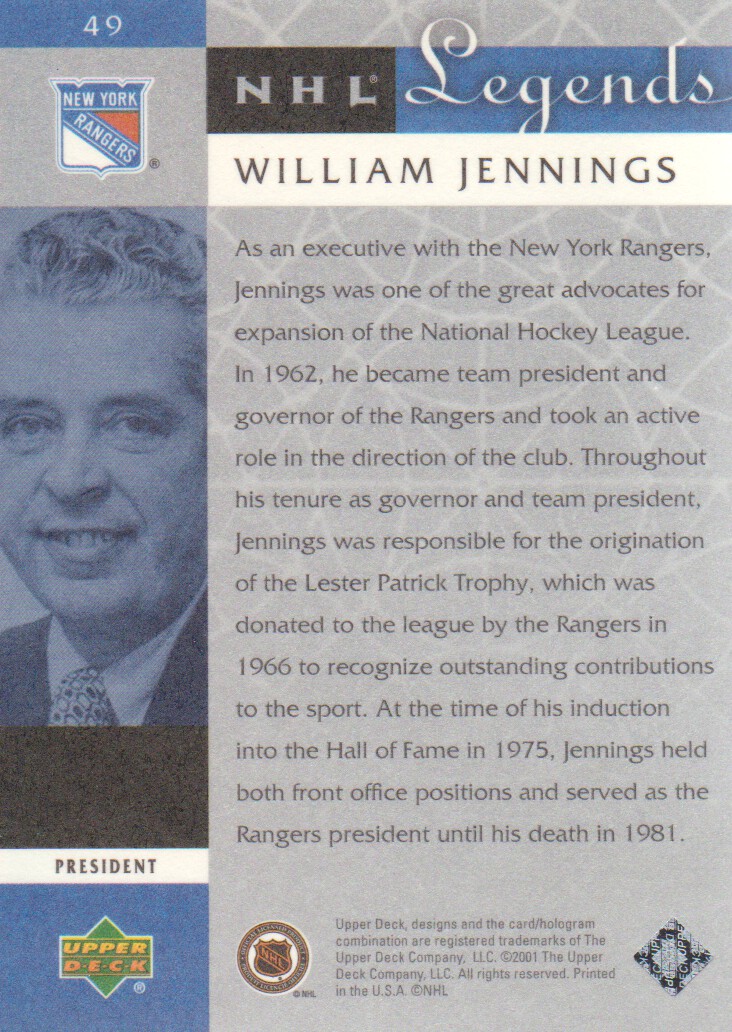 2001-02 Upper Deck Legends #49 William Jennings back image