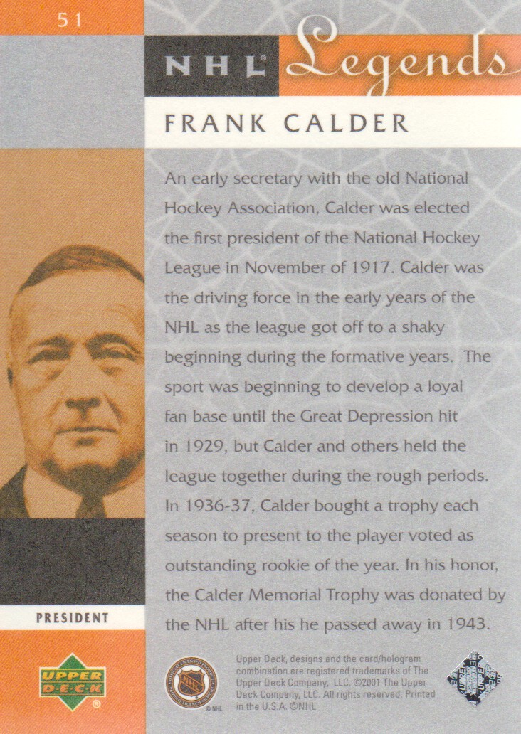 2001-02 Upper Deck Legends #51 Frank Calder back image