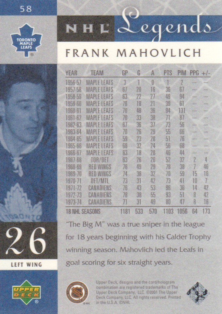2001-02 Upper Deck Legends #58 Frank Mahovlich back image