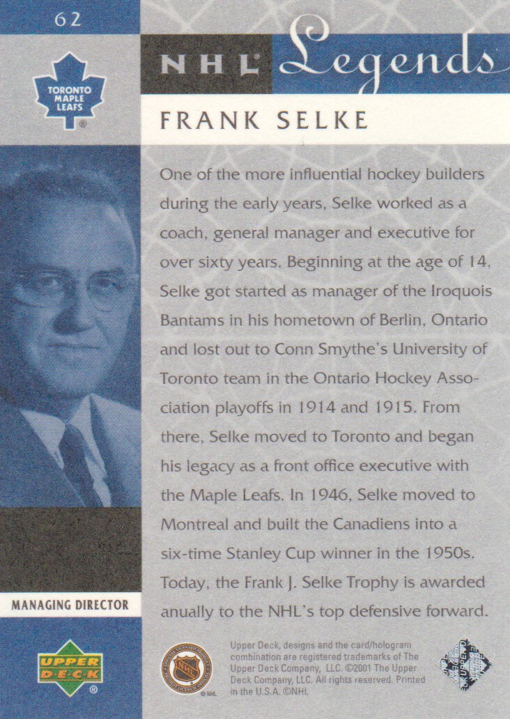 2001-02 Upper Deck Legends #62 Frank Selke back image