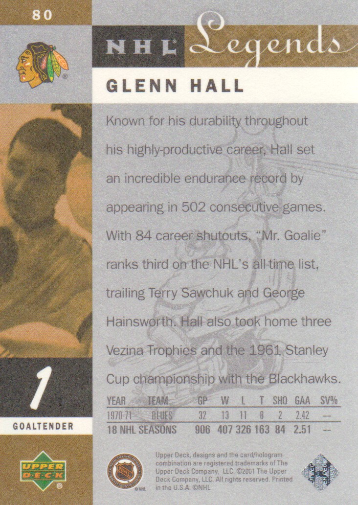 2001-02 Upper Deck Legends #80 Glenn Hall back image