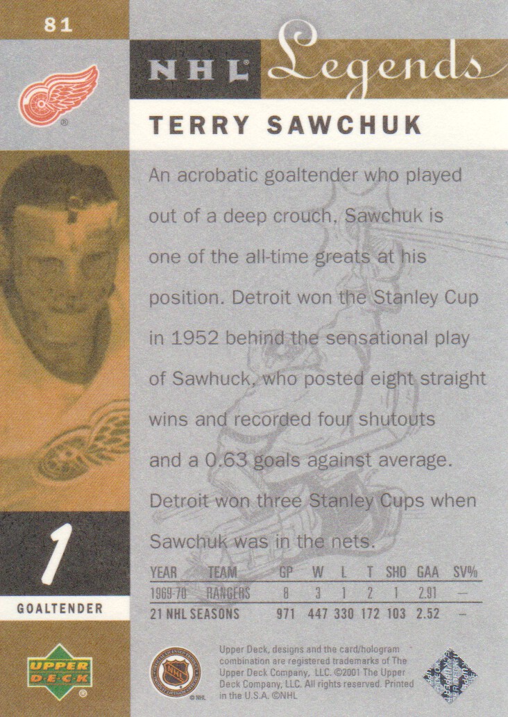 2001-02 Upper Deck Legends #81 Terry Sawchuk back image