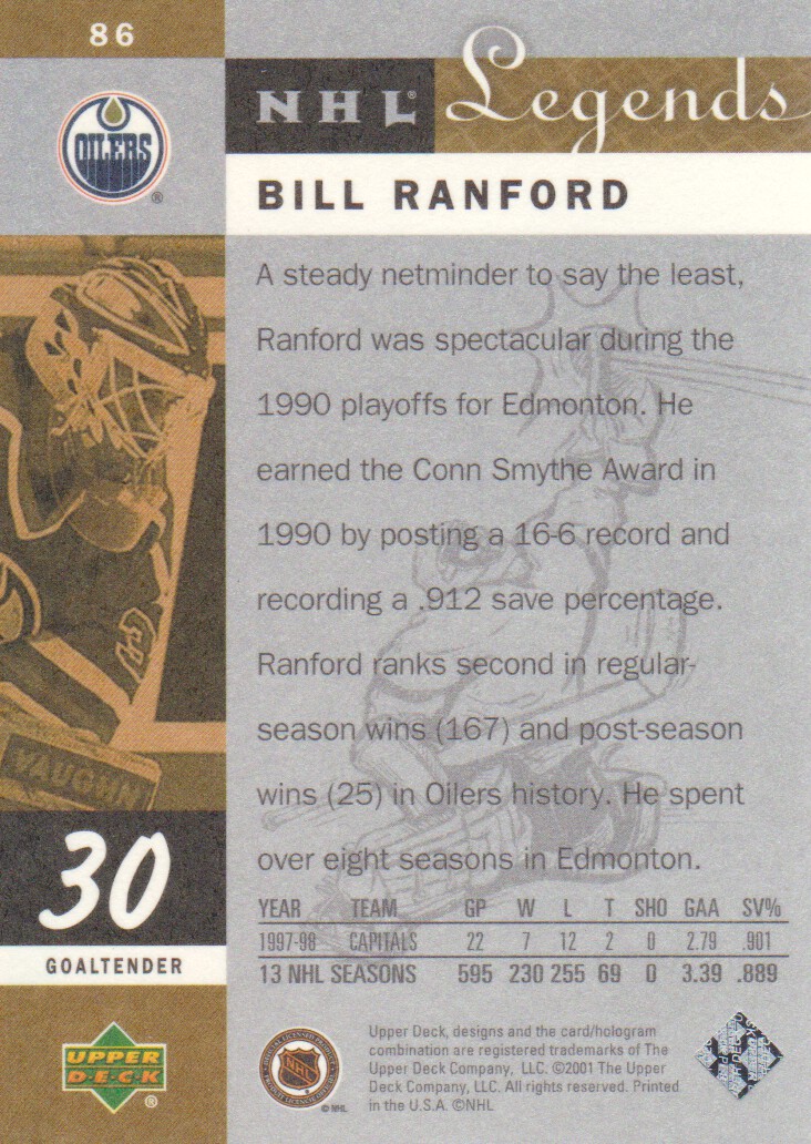 2001-02 Upper Deck Legends #86 Bill Ranford back image