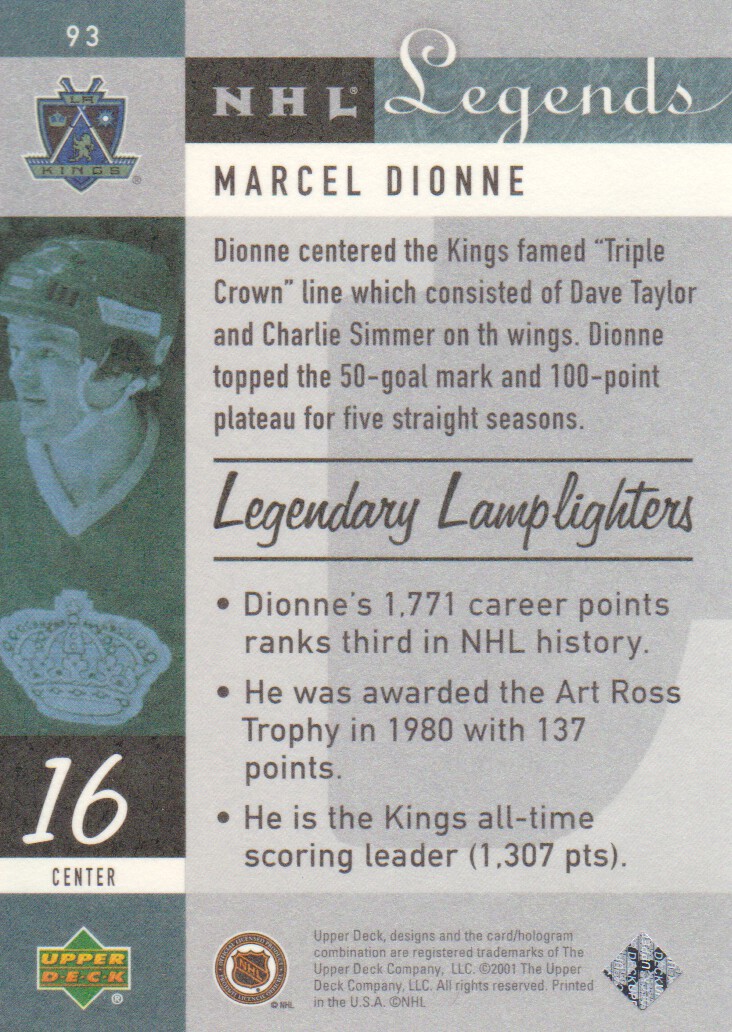 2001-02 Upper Deck Legends #93 Marcel Dionne back image