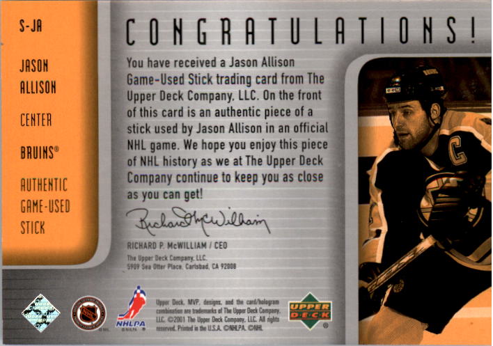 2001-02 Upper Deck MVP Souvenirs #SJA Jason Allison back image