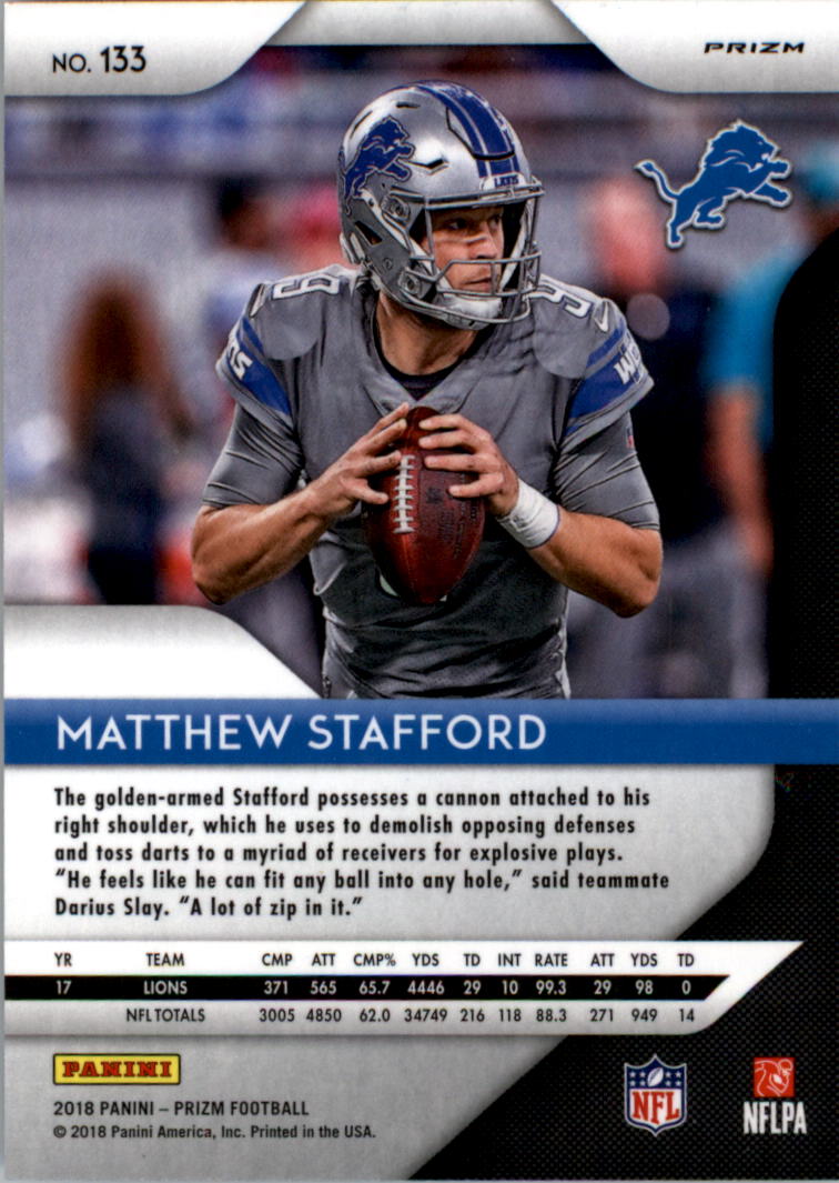 2018 Panini Prizm Prizms Red White and Blue #133 Matthew Stafford back image
