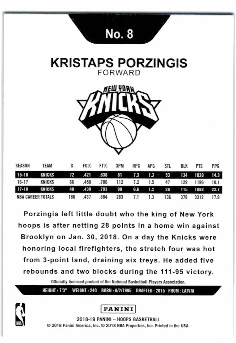 2018-19 Hoops #8 Kristaps Porzingis back image