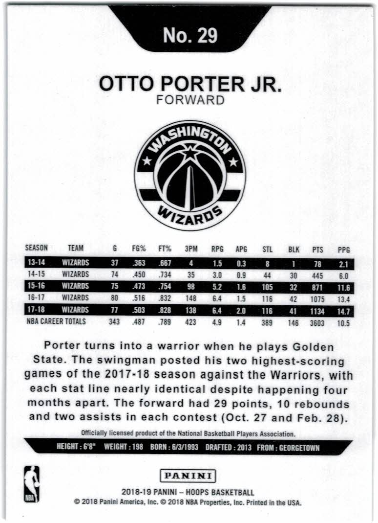 2018-19 Hoops #29 Otto Porter Jr. back image
