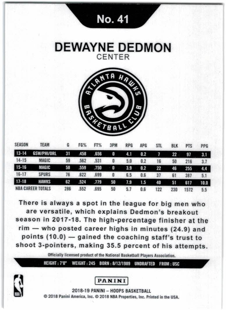 2018-19 Hoops #41 Dewayne Dedmon back image
