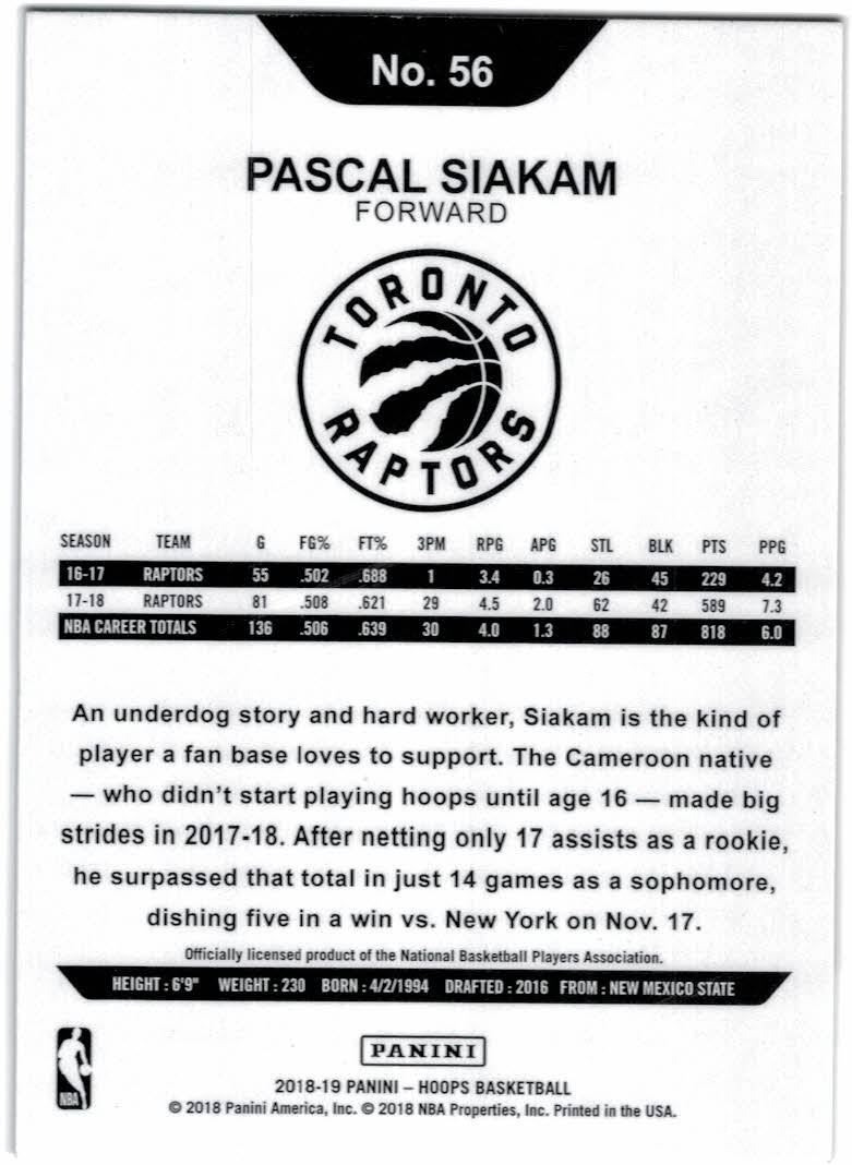 2018-19 Hoops #56 Pascal Siakam back image