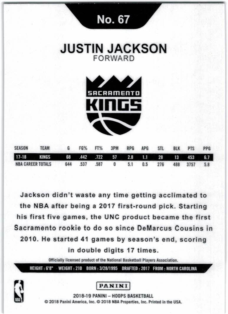 2018-19 Hoops #67 Justin Jackson back image