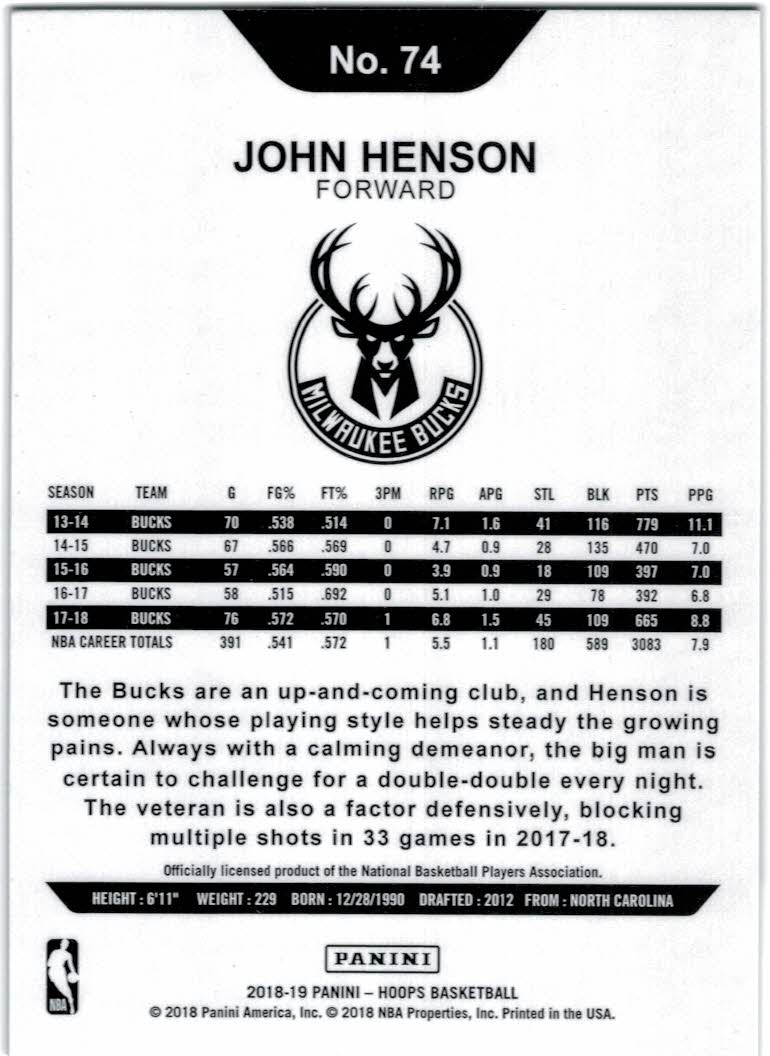 2018-19 Hoops #74 John Henson back image