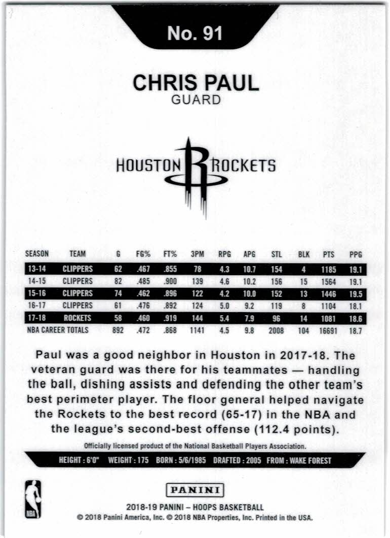 2018-19 Hoops #91 Chris Paul back image