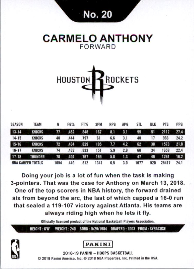 2018-19 Hoops Purple #20 Carmelo Anthony back image