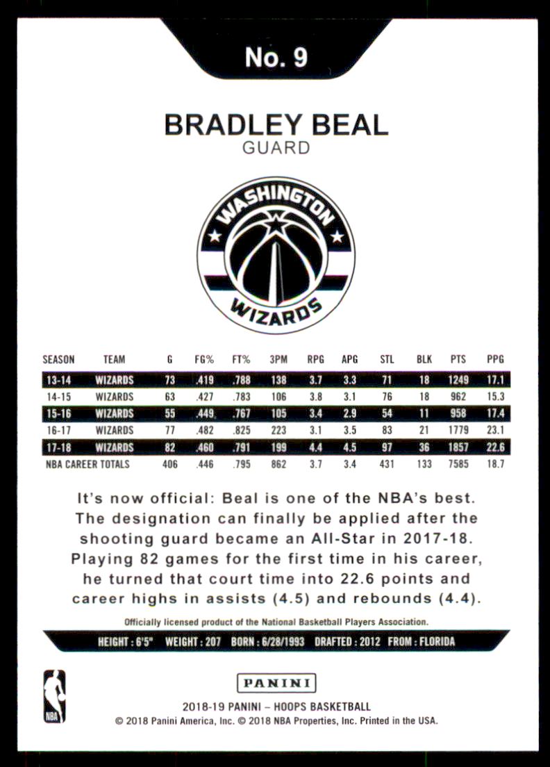 2018-19 Hoops Green #9 Bradley Beal back image