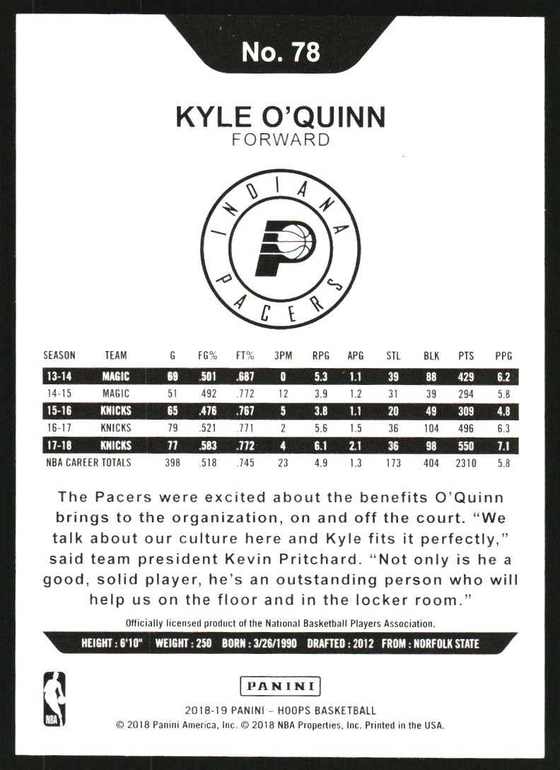 2018-19 Hoops Green #78 Kyle O'Quinn back image