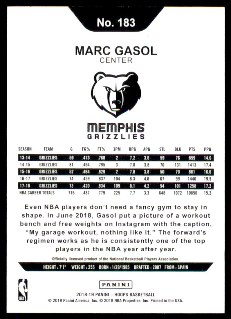 2018-19 Hoops Artist Proof #183 Marc Gasol back image
