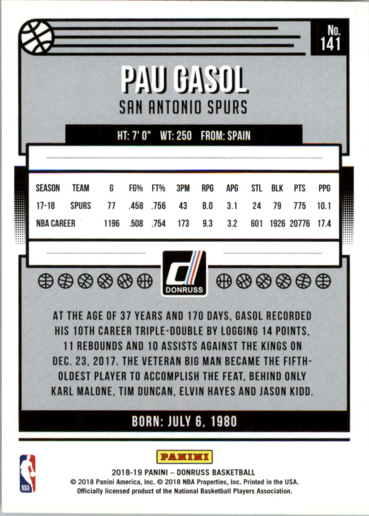 2018-19 Donruss Press Proof Silver #141 Pau Gasol back image
