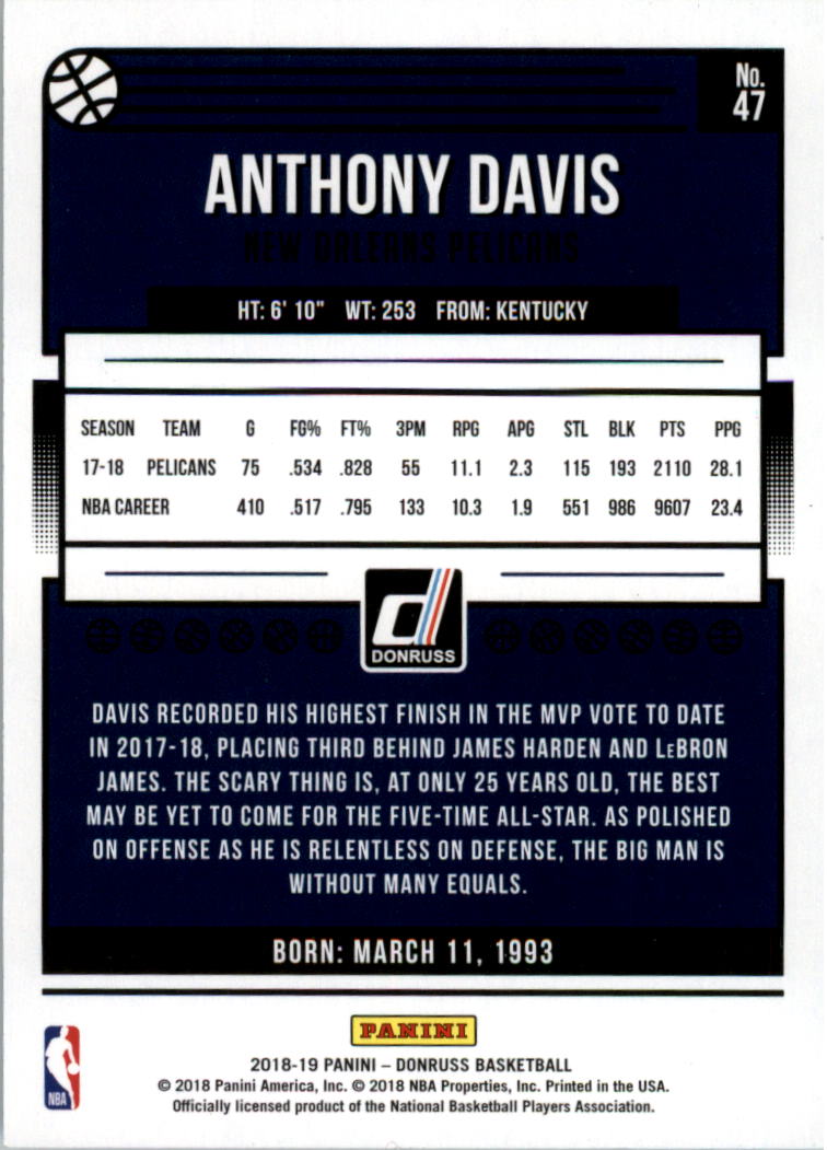 2018-19 Donruss Press Proof Purple #47 Anthony Davis back image