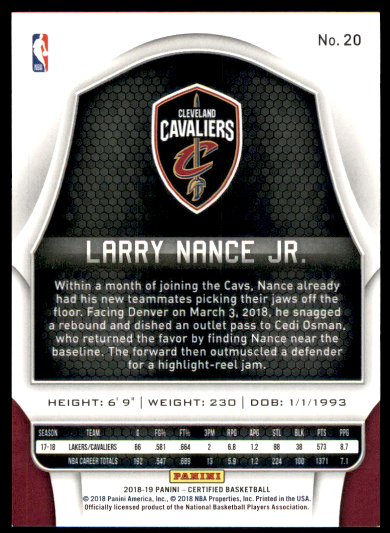 2018-19 Certified Mirror Orange #20 Larry Nance Jr. back image