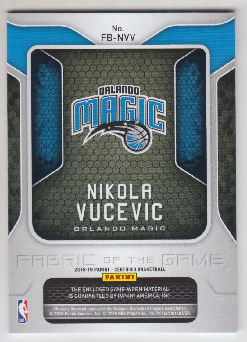 2018-19 Certified Fabric of the Game Relics #5 Nikola Vucevic back image