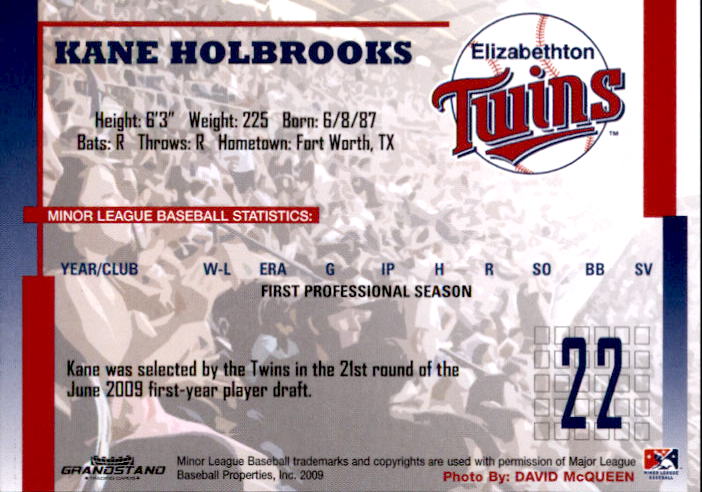 2009 Elizabethton Twins Grandstand #11 Kane Holbrooks back image