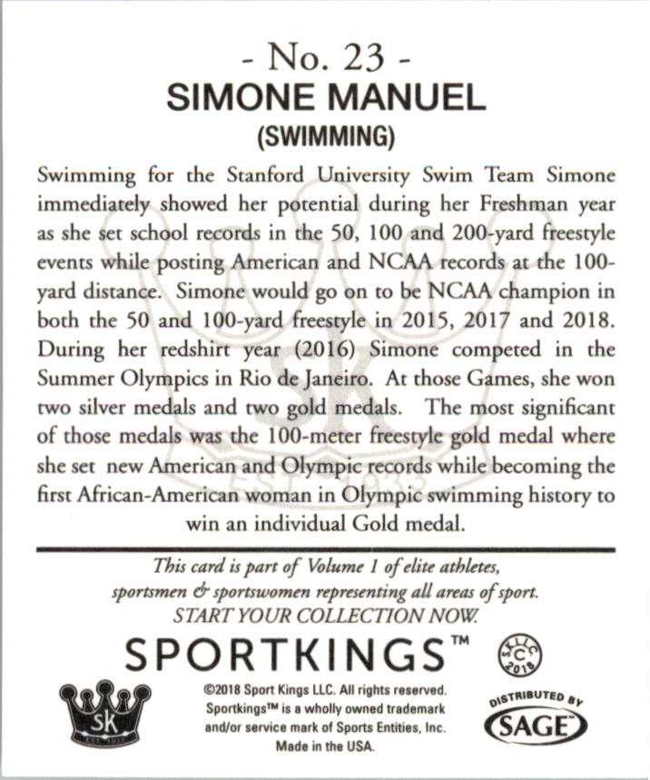 2018 Sportkings Mini #23 Simone Manuel back image