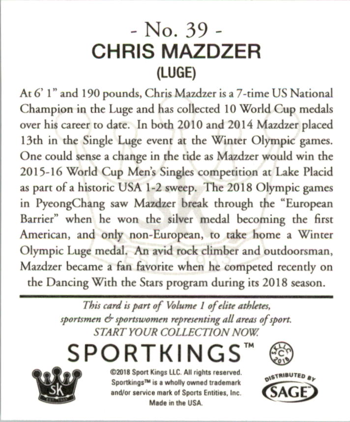 2018 Sportkings Mini #39 Chris Mazdzer back image
