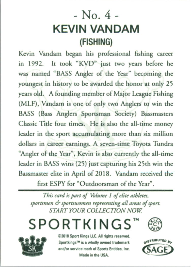 2018 Sportkings Green Back #4 Kevin Vandam back image