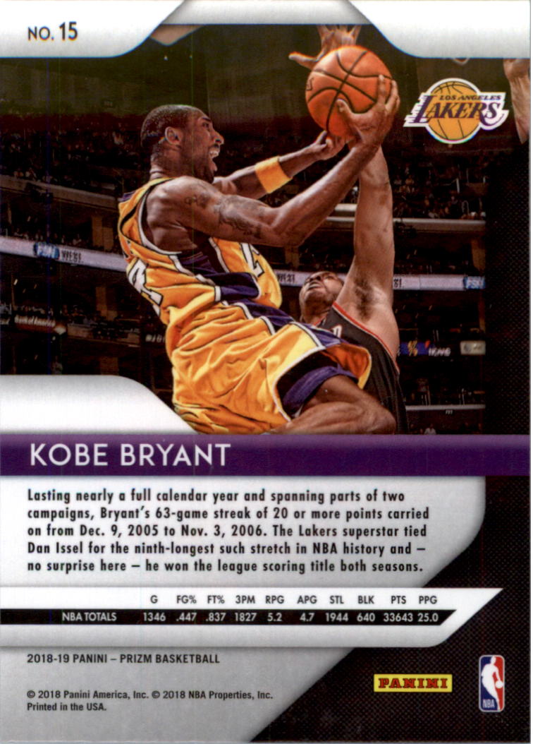 2018-19 Panini Prizm #15 Kobe Bryant back image