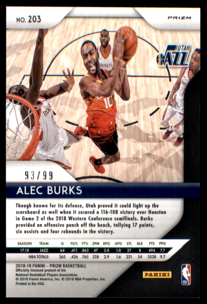 2018-19 Panini Prizm Prizms Blue Ice #203 Alec Burks