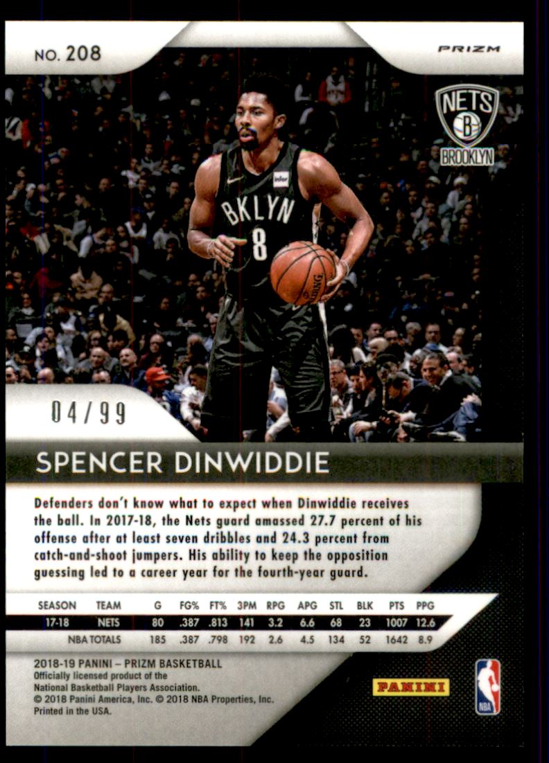 2018-19 Panini Prizm Prizms Blue Ice #208 Spencer Dinwiddie