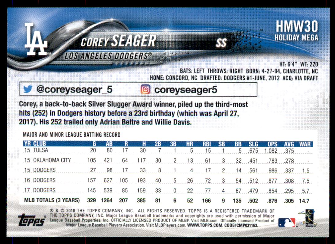 2018 Topps Walmart Holiday Snowflake Metallic #HMW30 Corey Seager