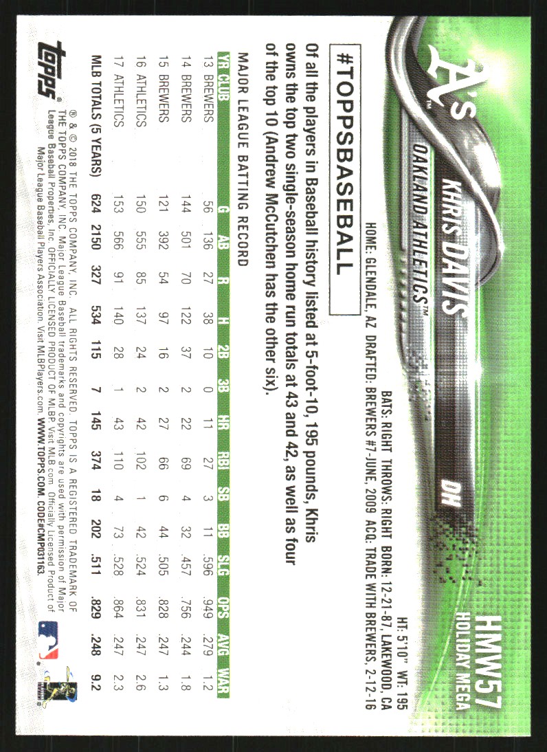 2018 Topps Walmart Holiday Snowflake Metallic #HMW57 Khris Davis