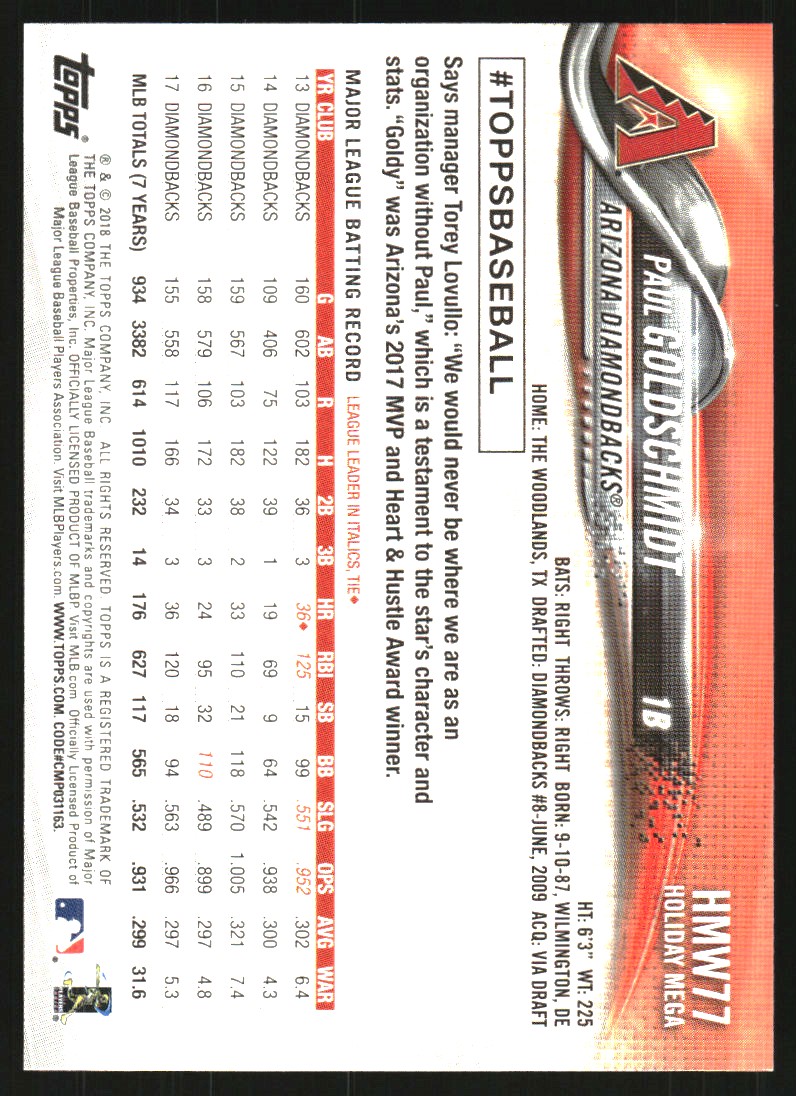 2018 Topps Walmart Holiday Snowflake Metallic #HMW77 Paul Goldschmidt