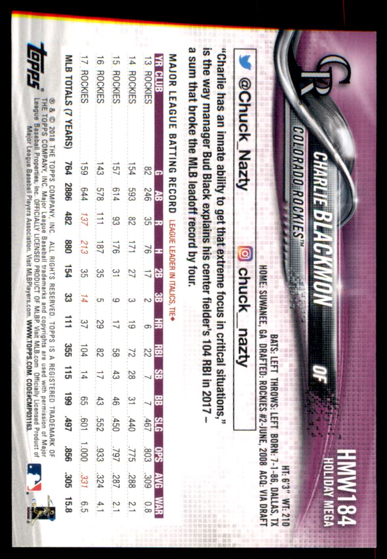 2018 Topps Walmart Holiday Snowflake Metallic #HMW184 Charlie Blackmon