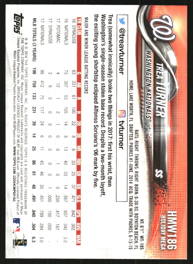 2018 Topps Walmart Holiday Snowflake Metallic #HMW186 Trea Turner
