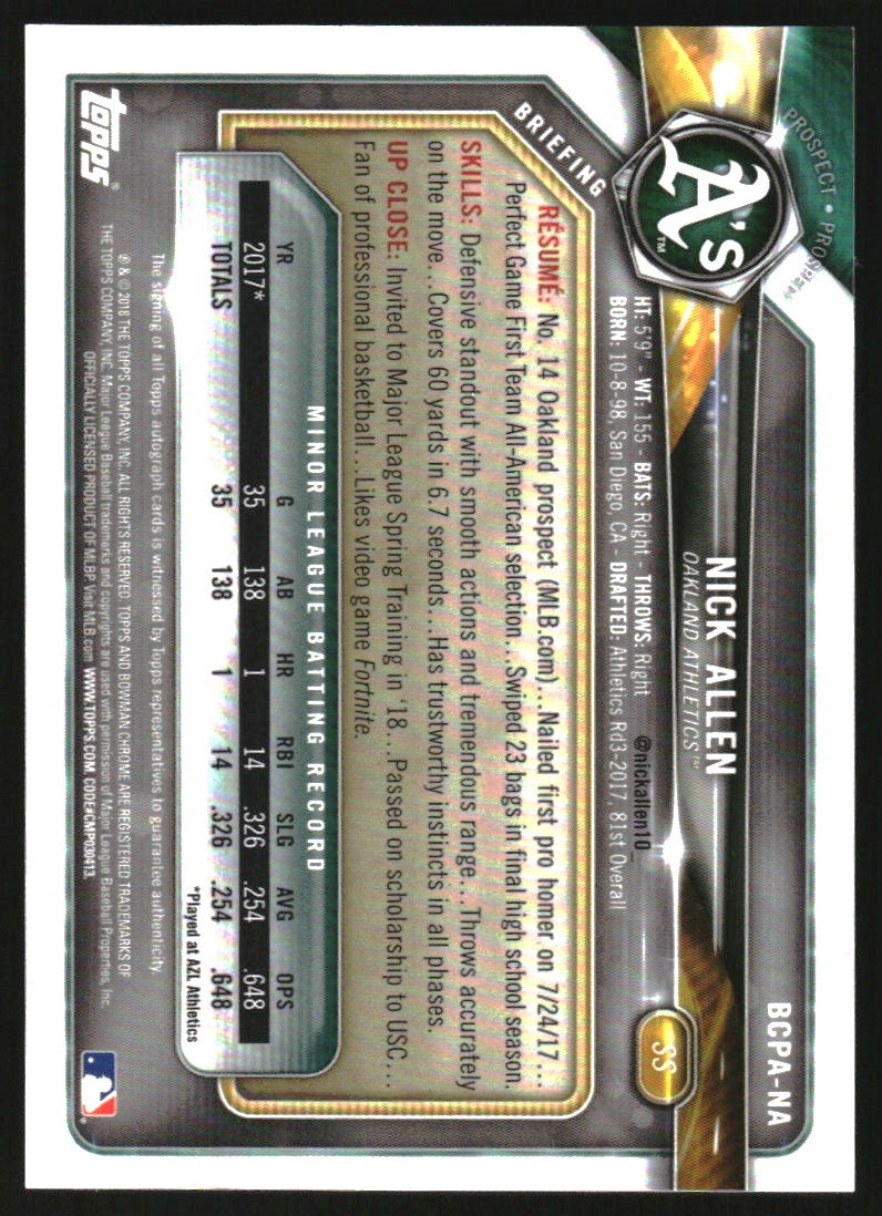 2018 Bowman Chrome Prospect Autographs Blue Mojo Refractors #BCPANA Nick Allen