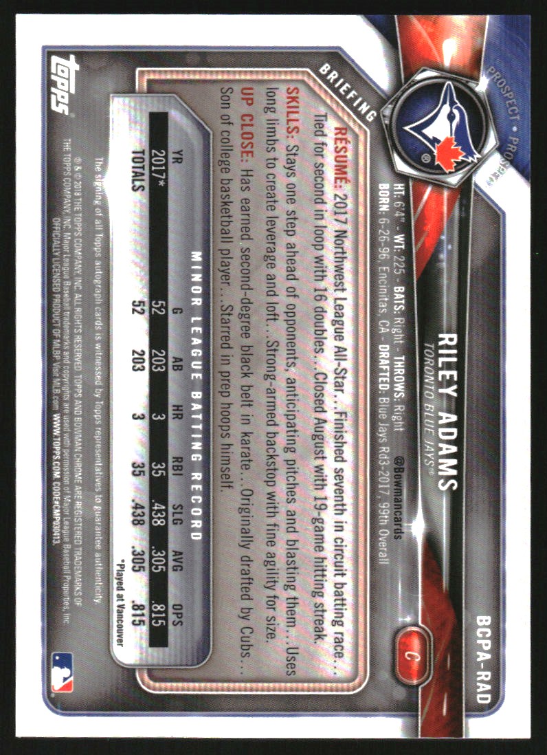 2018 Bowman Chrome Prospect Autographs Blue Mojo Refractors #BCPARAD Riley Adams