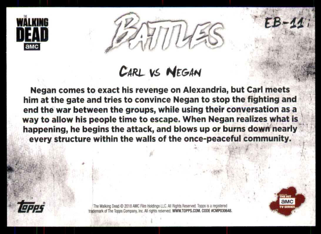 2018 Topps The Walking Dead Hunters and the Hunted Epic Battles #EB11 Carl vs. Negan back image
