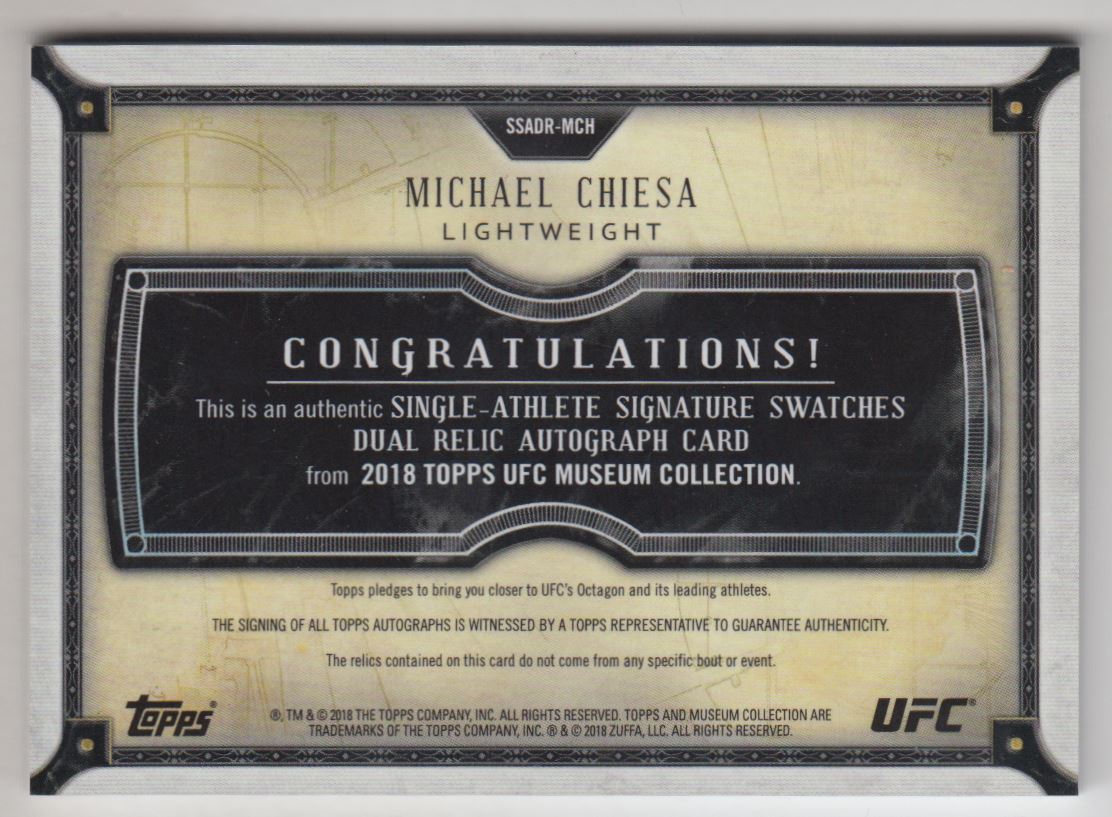 2018 Topps UFC Museum Collection Signature Swatches Dual Relic Autographs #SSADRMCH Michael Chiesa back image