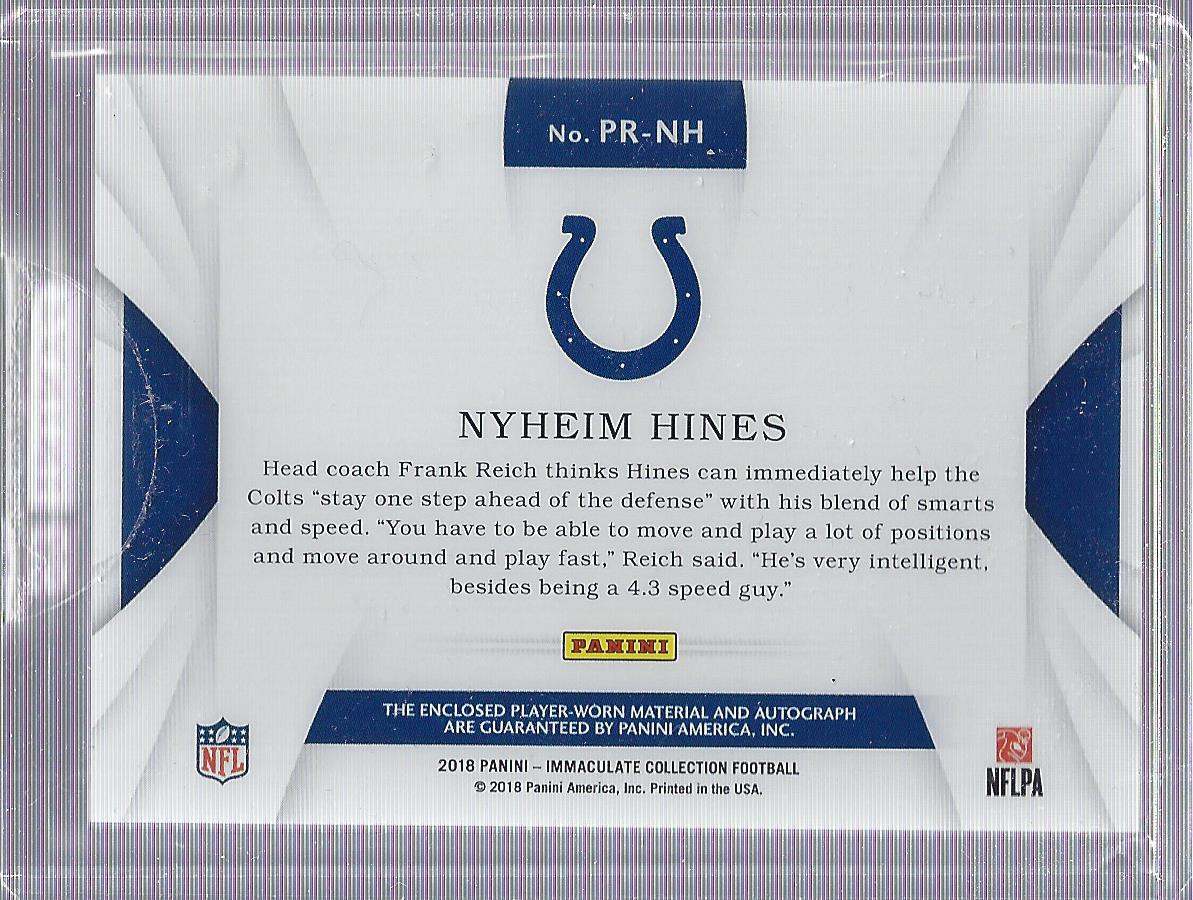 2018 Immaculate Collection Players Collection Material Autographs #26 Nyheim Hines/99 EXCH back image