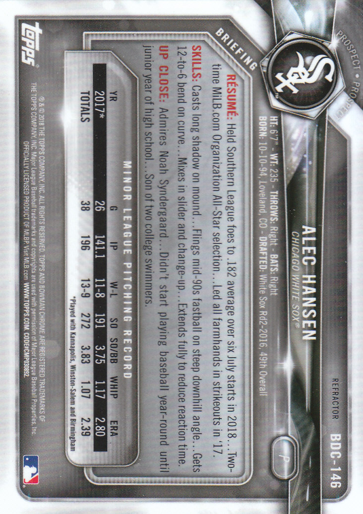 2018 Bowman Chrome Draft Refractors #BDC146 Alec Hansen back image