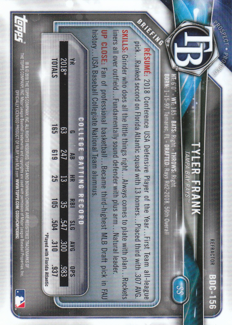 2018 Bowman Chrome Draft Refractors #BDC156 Tyler Frank back image