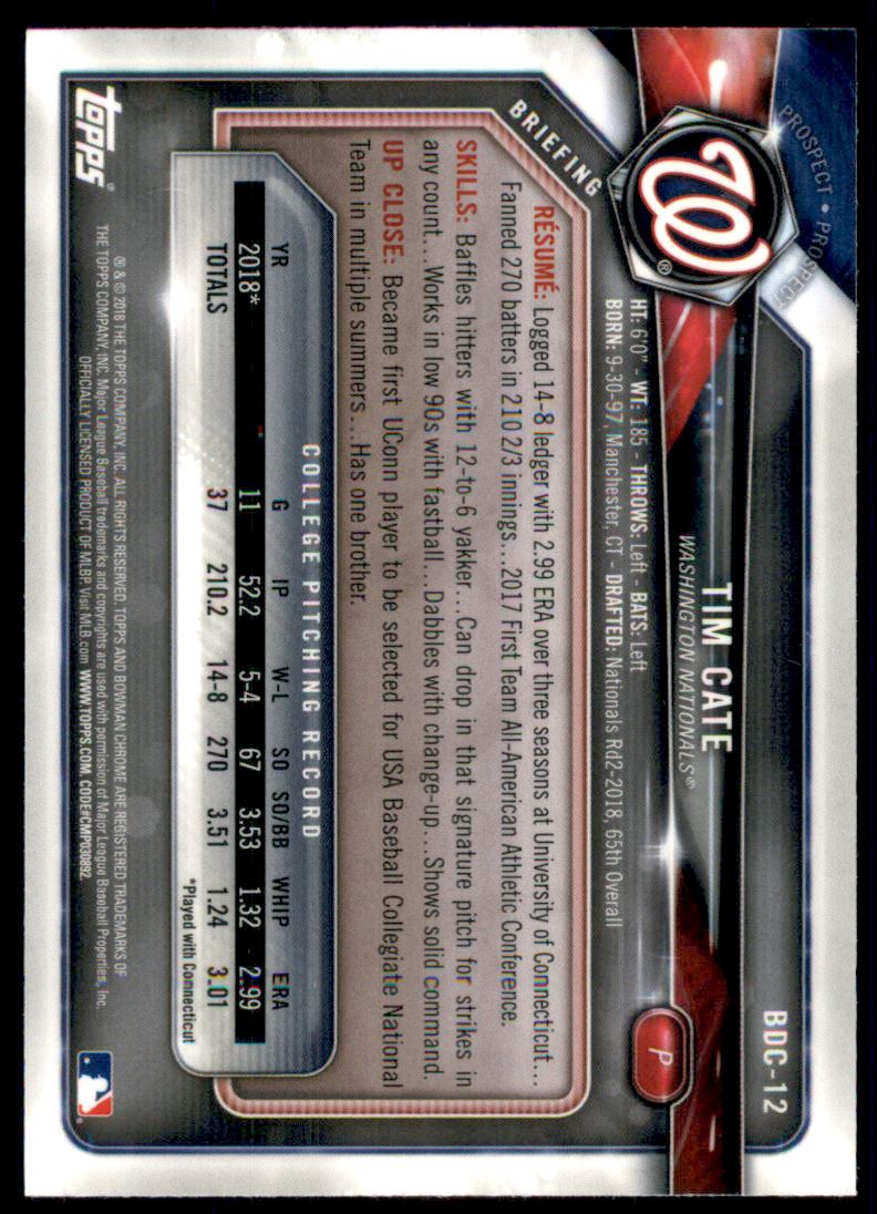 2018 Bowman Chrome Draft Sparkle Refractors #BDC12 Tim Cate back image